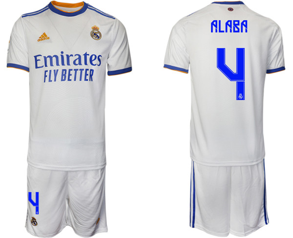 Men's Real Madrid #4 David Alaba 2021/22 White Home Soccer Jersey with Shorts